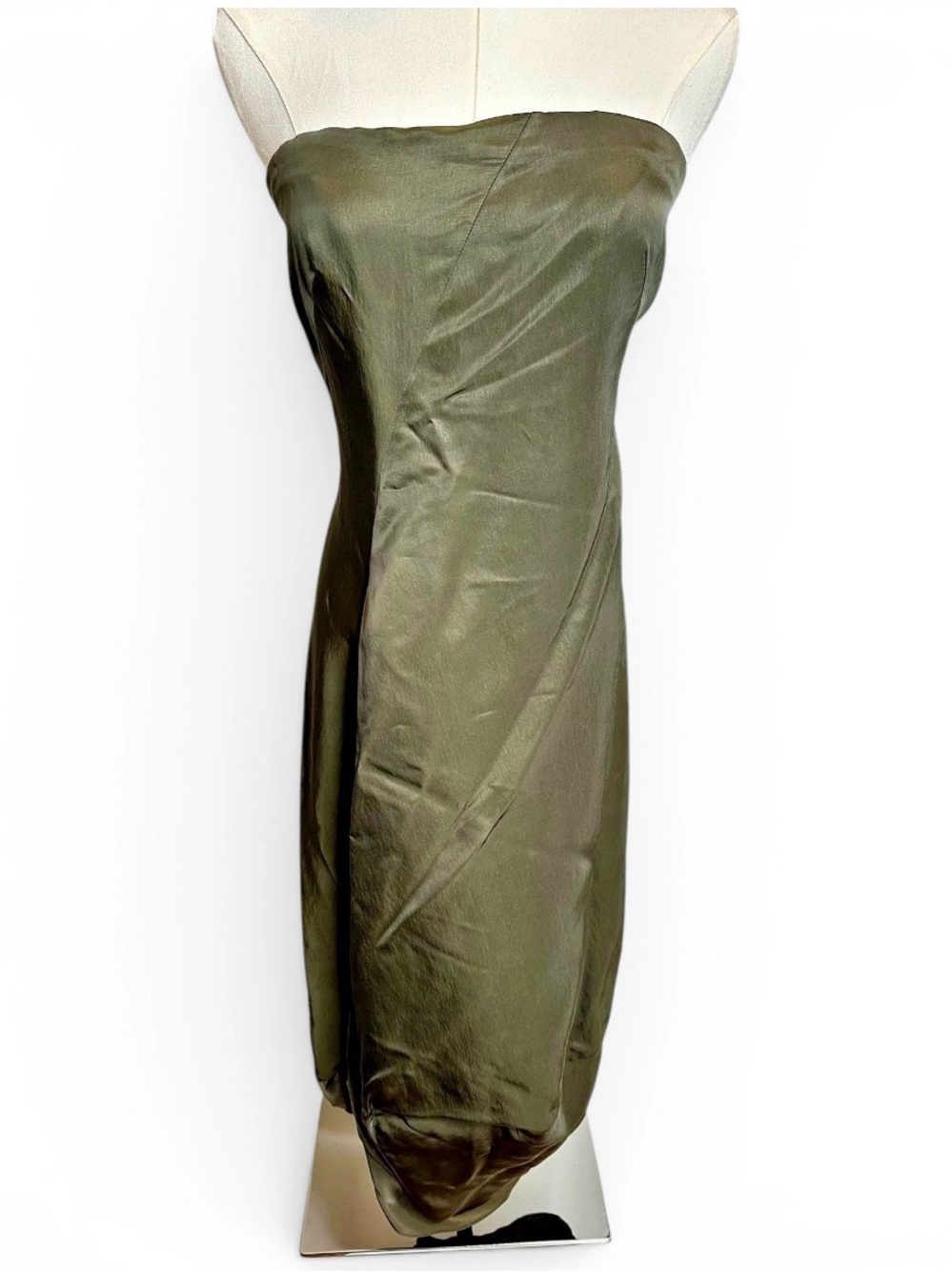 Donna Karan Signature US 4 Silk Blend Strapless Draped Midi Dress Olive